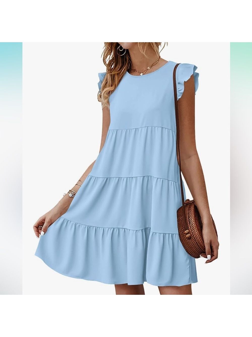 Kirundo Elegant Sky Blue Tiered Mini Dress flutter sleeve Medium